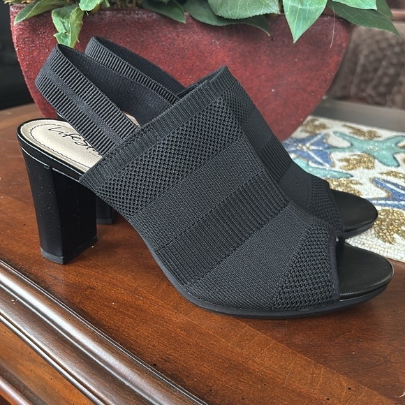 Brand New Life Stride Flex Black Fabric Stretch Fly Knit Slingback Heels Sandals - Picture 6 of 14